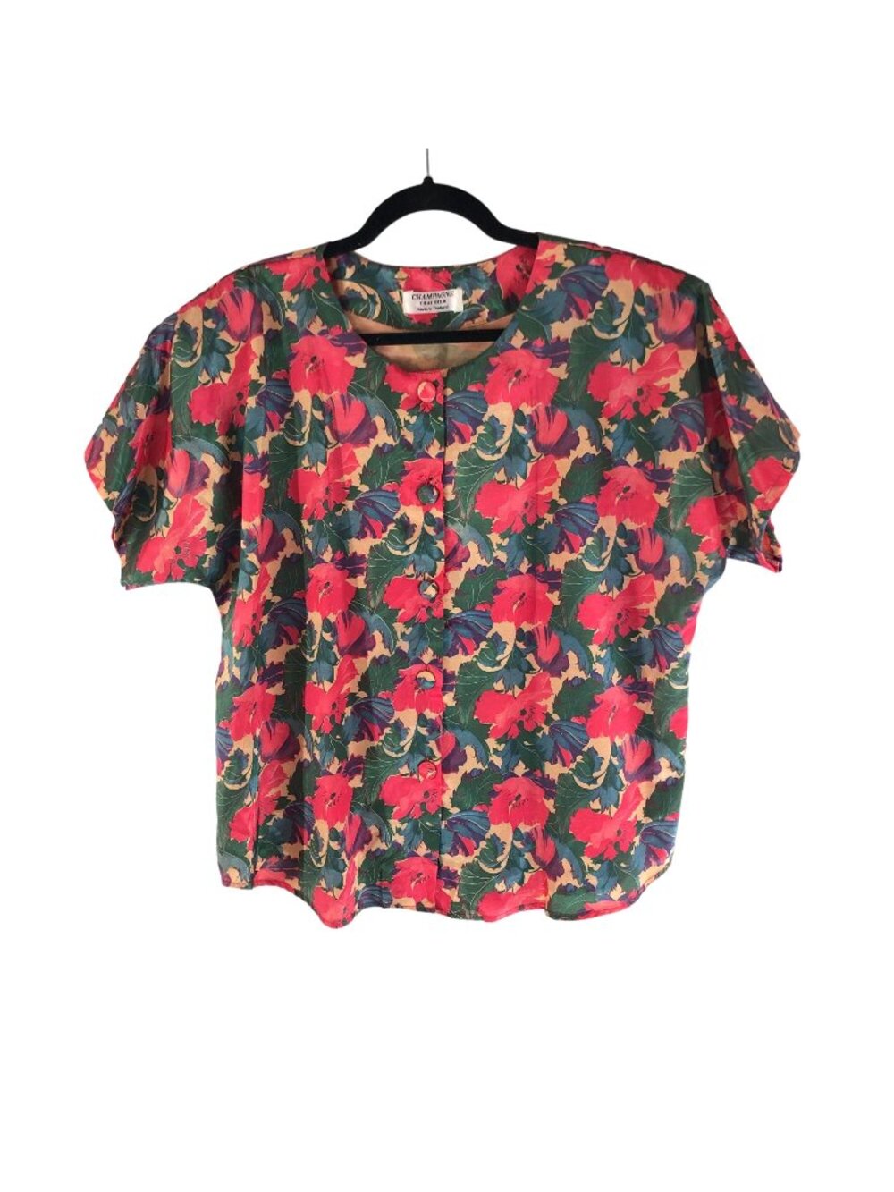 Champagne Thai Silk Womens Top Button Down Vintage Shoulder Pads Red Green L